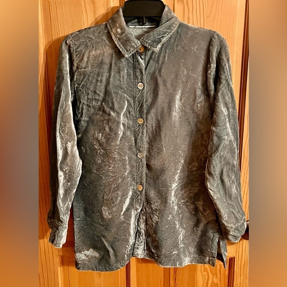 Silver Gray Crushed Velvet Abalone Button Down Blouse Shirt M - Boutique Quality